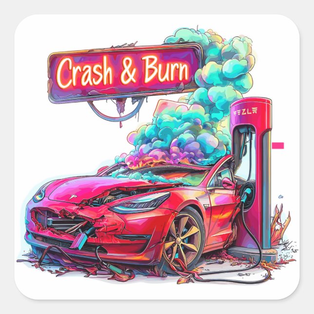 Pegatina Cuadrada Crash & Burn del mercado de valores, EV Elon Musk, (Anverso)