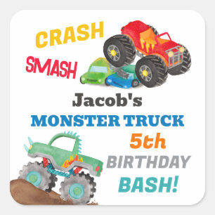 Pegatina Cuadrada Crash Smash Monster Camión Cumpleaños Bash Waterco