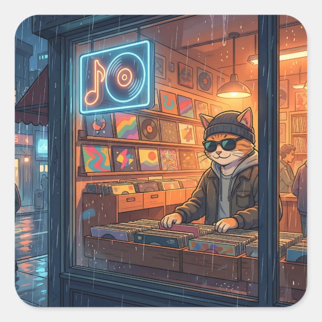 Pegatina Cuadrada Crate Digging at the Vinyl Store (Anverso)