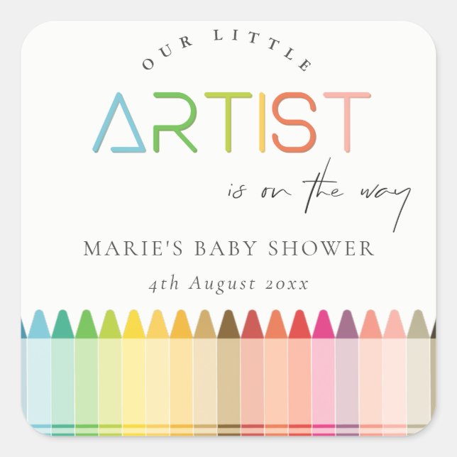 Pegatina Cuadrada Crayon Fun Rainbow Baby Shower (Anverso)
