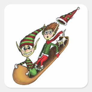 Pegatina Cuadrada Crazy Elf Sled Ride