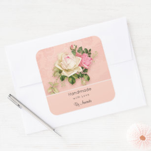 Pegatina Cuadrada Creado con amor Bouquet rosa y blanco