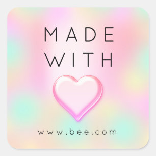 Pegatina Cuadrada Creado con amor Corazón Pastelería Rosa Nombre Web