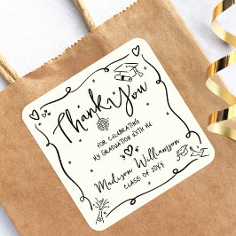 Pegatina Cuadrada Cream Black Hand Drawn Doodle Graduation Thank You