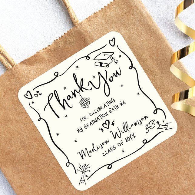 Pegatina Cuadrada Cream Black Hand Drawn Doodle Graduation Thank You (Subido por el creador)