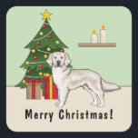 Pegatina Cuadrada Cream English Golden Retriever with Christmas Tree<br><div class="desc">El personalizado original de Destei ilustracion de un lindo perro de raza Golden Retriever de color crema inglesa. El perro está parado junto a un árbol de Navidad festivo decorado con ornamentos rojos y amarillos, una guirnalda de perlas blancas y una estrella amarilla que está colocada en la parte superior...</div>