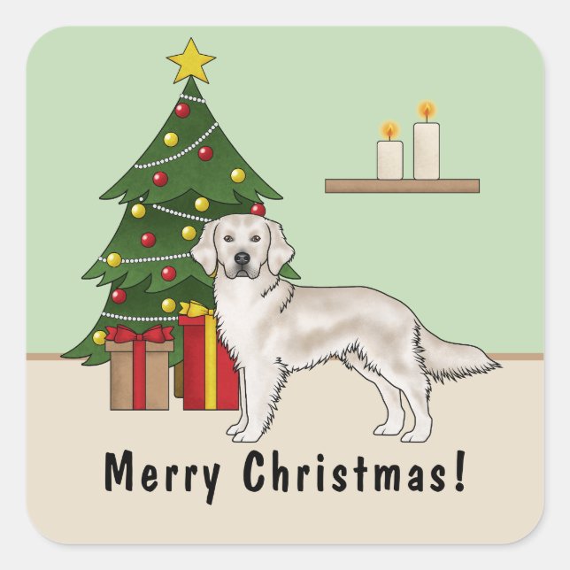Pegatina Cuadrada Cream English Golden Retriever with Christmas Tree (Anverso)
