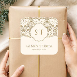 Pegatina Cuadrada Cream Gold Lace Monograma Favor de Boda