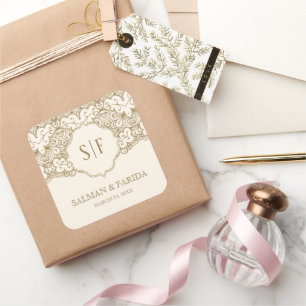 Pegatina Cuadrada Cream Gold Lace Monograma Favor de Boda