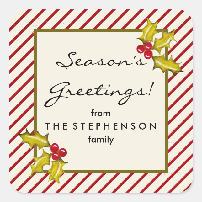 Pegatina Cuadrada Cream Peppermint Stripe Holly Navidades clásicos (Anverso)