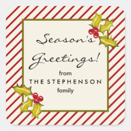 Pegatina Cuadrada Cream Peppermint Stripe Holly Navidades clásicos