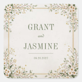 Pegatina Cuadrada Cream White Dogwood Sage Gold Frame Wedding