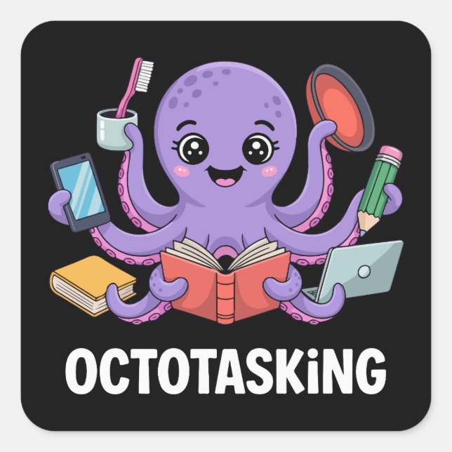 Pegatina Cuadrada Creatura de Octotasking en modo multitarea (Anverso)