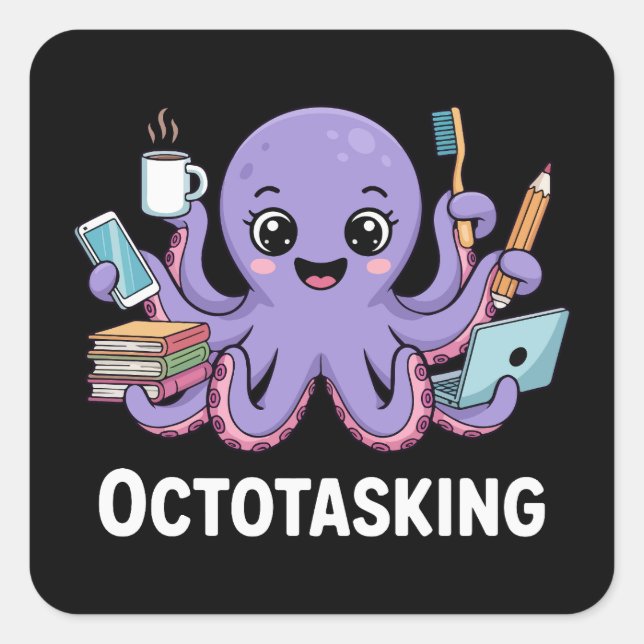 Pegatina Cuadrada Creatura de Octotasking en modo multitarea (Anverso)