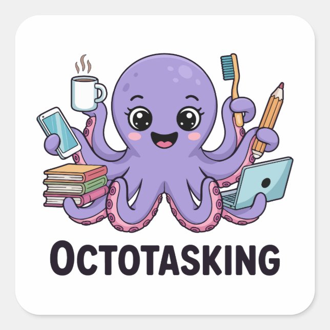 Pegatina Cuadrada Creatura de Octotasking en modo multitarea (Anverso)