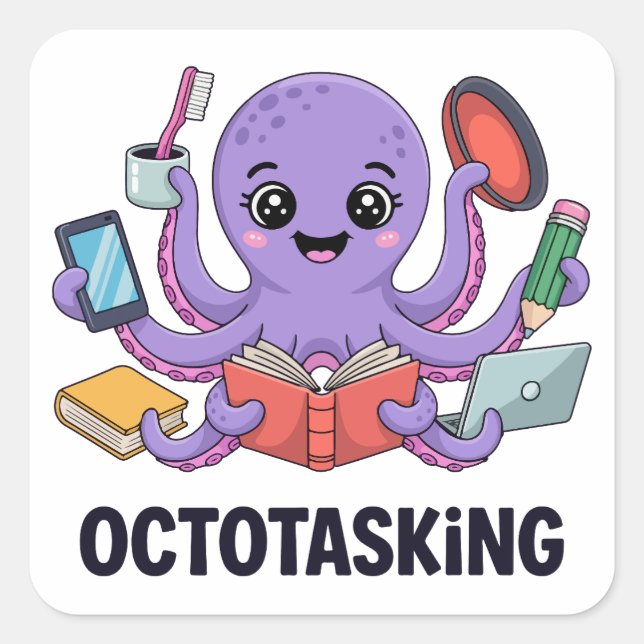 Pegatina Cuadrada Creatura de Octotasking en modo multitarea (Anverso)