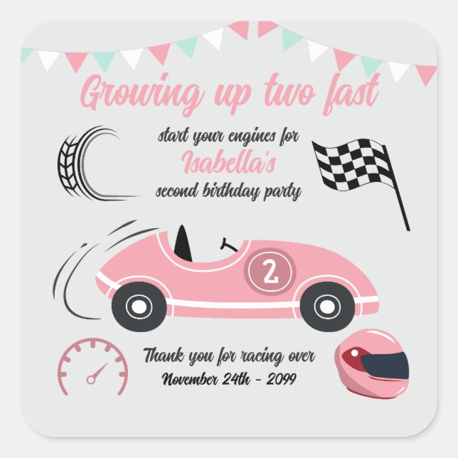 Pegatina Cuadrada Crecer dos coches de carreras rosadas festividades (Anverso)