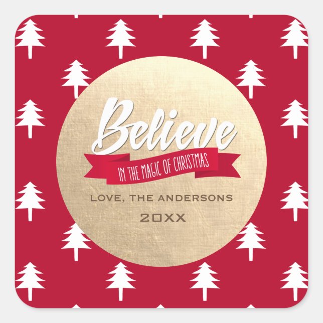 Pegatina Cuadrada Cree en la Magia de la Navidad Personalizado (Anverso)