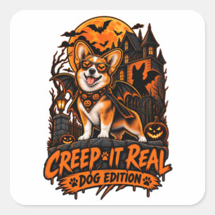 Pegatina Cuadrada Creeperlo Real Corgi Halloween Perro Divertido Gaf