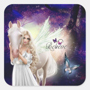 Pegatina Cuadrada Creer Fantasy Fairy Angel con caballo blanco