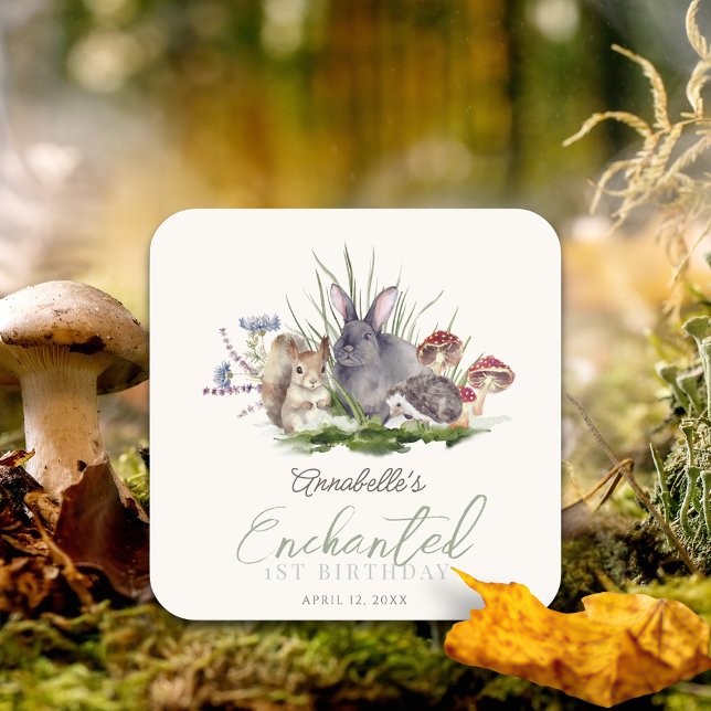 Pegatina Cuadrada Crema de animales de bosque encantados (Enchanted Forest Woodland Animals Kid's Birthday Sticker)