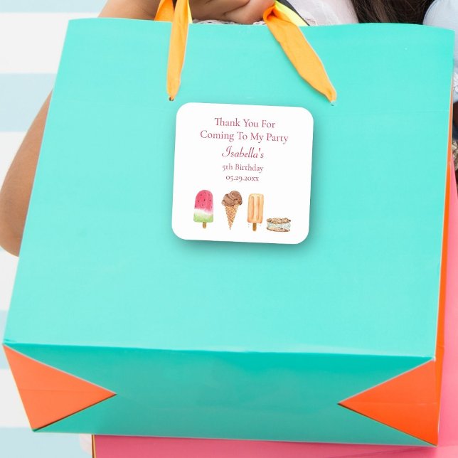 Pegatina Cuadrada Crema de hielo acuarela y bicicletas cumpleaños gr (A colorful thank you sticker for your gift bag! )