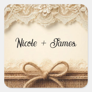 Pegatina Cuadrada Crema Encaje Floral Arpillera Rústica Boda 