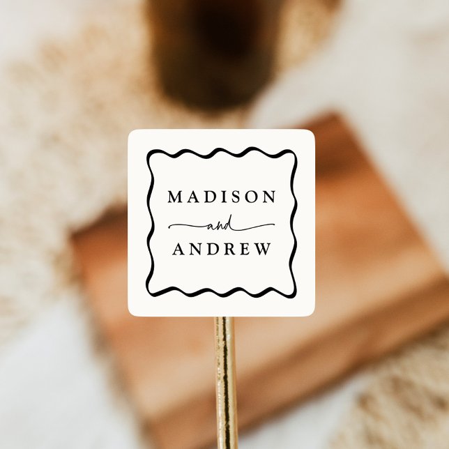 Pegatina Cuadrada Crema moderna y Boda de marco ondulado negro (Subido por el creador)