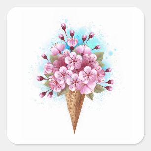 Pegatina Cuadrada Crema rosa de hielo Sakura Waffle Cone