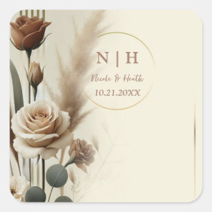Pegatina Cuadrada Crema y Mocha Neutro Floral Geométrico Boda