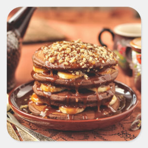 Pegatina Cuadrada Crepes de chocolate con plátanos y caramelo