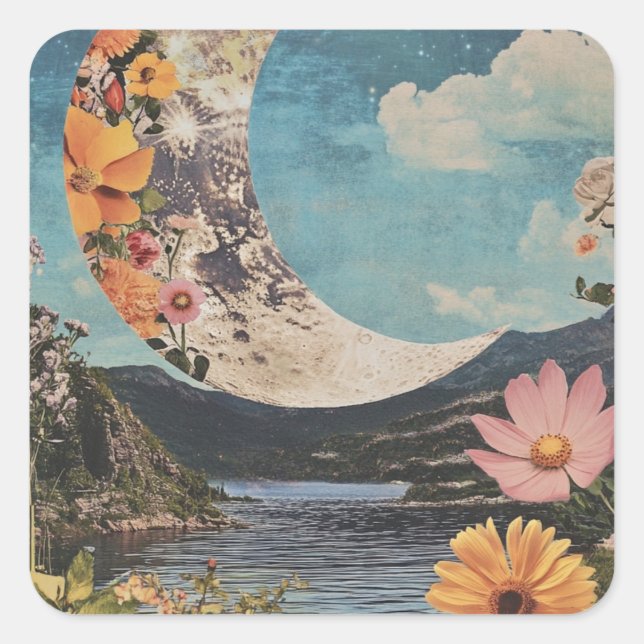 Pegatina Cuadrada Crescent Moon Over Serene Landscape (Anverso)