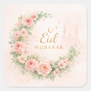 Pegatina Cuadrada Crescente Floral Eid Mubarak Stickers– Rosa Suave 