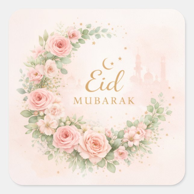 Pegatina Cuadrada Crescente Floral Eid Mubarak Stickers– Rosa Suave  (Anverso)