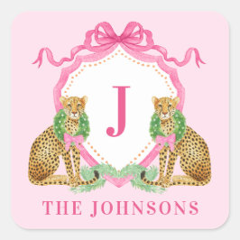 Pegatina Cuadrada Crest de leopardo con corona de Navidad y monogram