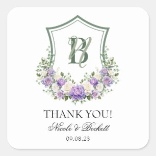 Pegatina Cuadrada Crest Floral Blanco Morado Agradecimiento Boda