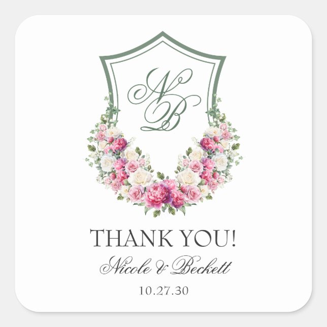 Pegatina Cuadrada Crest Floral Rosa Agradecimiento de Boda (Anverso)