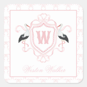 Pegatina Cuadrada Crest Monograma Arco Cigüeña Rosa Acuarela