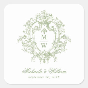 Pegatina Cuadrada Crest Monograma Vintage Regencia Boda