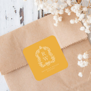 Pegatina Cuadrada Cresta de Monograma Vintage Amarillo Marigold para