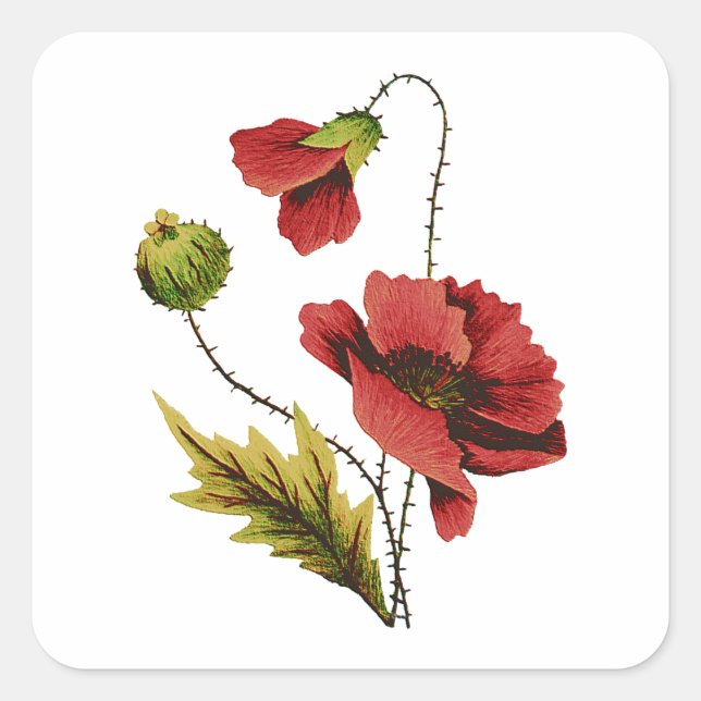 Pegatina Cuadrada Crewel Embroidery Red Poppy (Anverso)