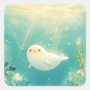 Pegatina Cuadrada Cría de foca sonriente en jardín submarino turques