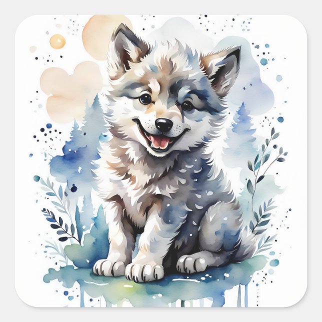 Pegatina Cuadrada Cría de lobo (Anverso)