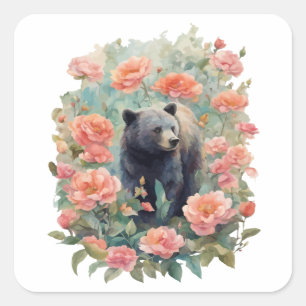 Pegatina Cuadrada Cría de oso negro de Alabama rodeada de camelia