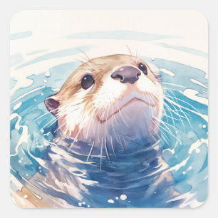 Pegatina Cuadrada Crías de Nutria Lindas Nadando en Ondulaciones de 