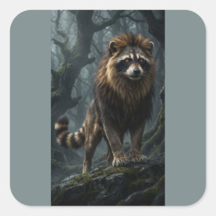 Pegatina Cuadrada Criatura Fantástica León Mapache - Bosque Místico