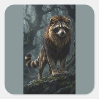 Pegatina Cuadrada Criatura Fantástica León Mapache - Bosque Místico