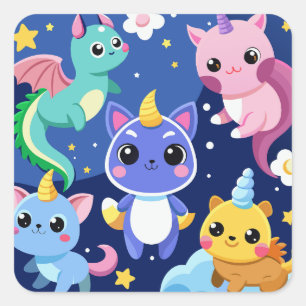 Pegatina Cuadrada Criaturas de fantasía de Kawaii