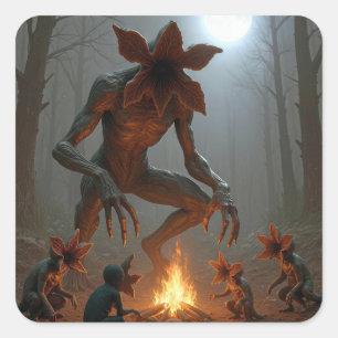 Pegatina Cuadrada Criaturas Demogorgon alrededor de una fogata