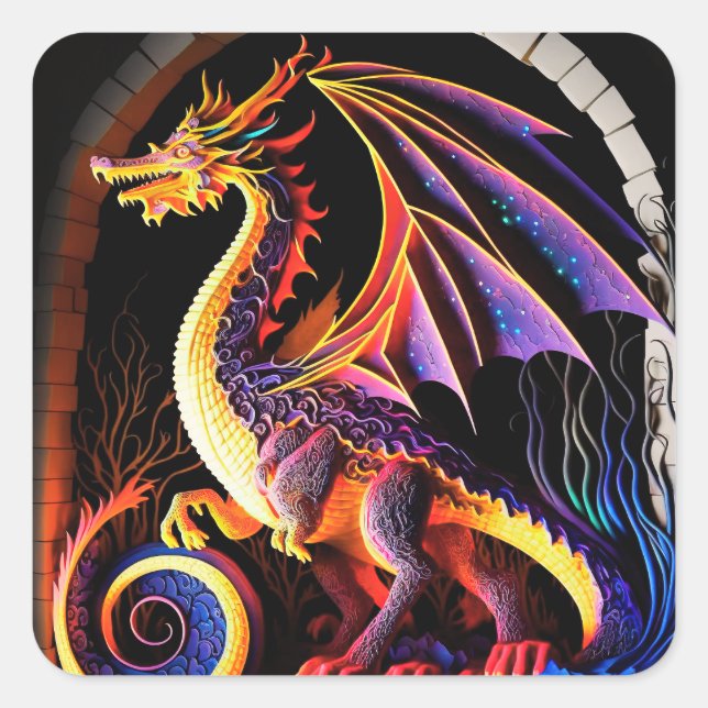 Pegatina Cuadrada Criaturas míticas del arte de fantasía del castill (Anverso)